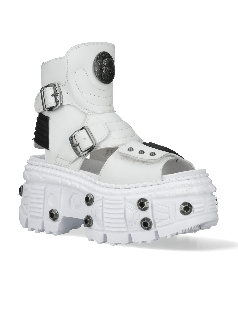 NEW ROCK white punk ankle boots with open toes and bold buckles on a chunky sole. Edgy and stylish footwear for a statement look.