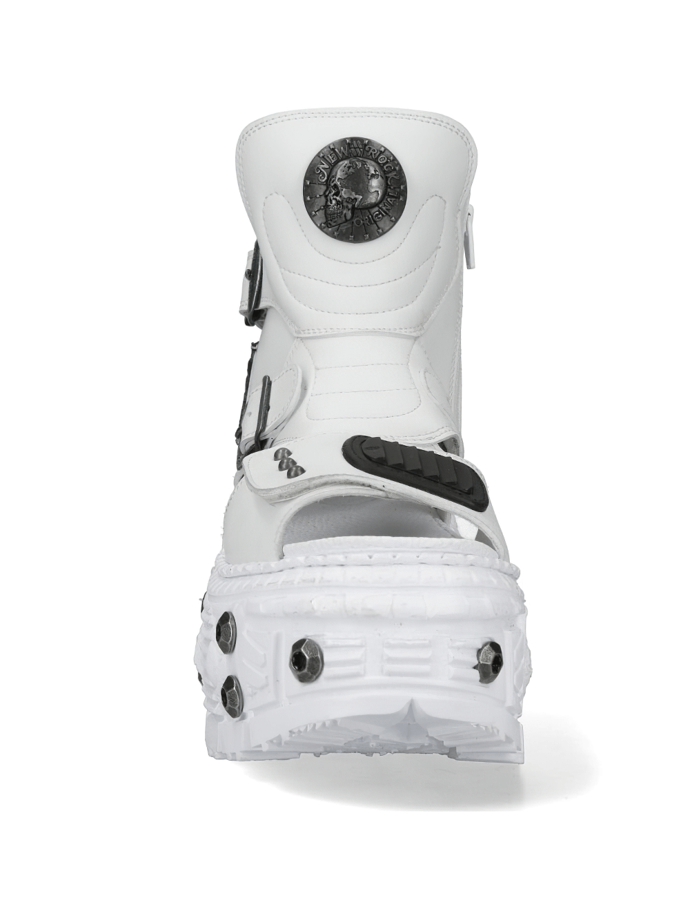 NEW ROCK White Punk Zip-Up Open-Toes Boots featuring buckles and a robust sole for edgy style and durability.