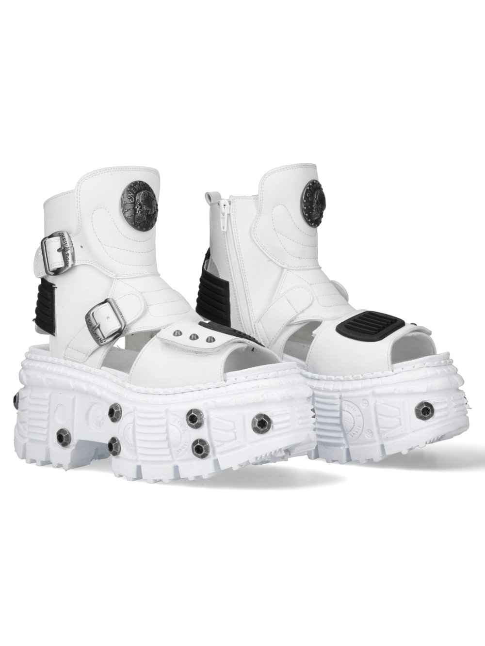 NEW ROCK White Punk Zip-Up Open-Toes Boots with Buckles, featuring a bold design and thick sole for an edgy look.