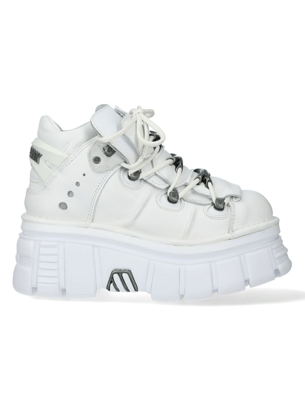 Sleek white lace-up chunky sneakers with bold platform sole and stylish detailing for a trendy rock-inspired look.