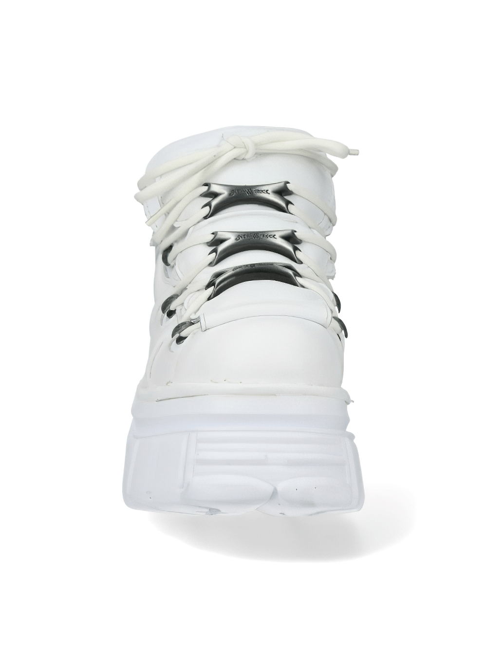 Front view of NEW ROCK Men's White Rocker Ankle Boots with metal bones, showcasing lace-up design and stylish sole.