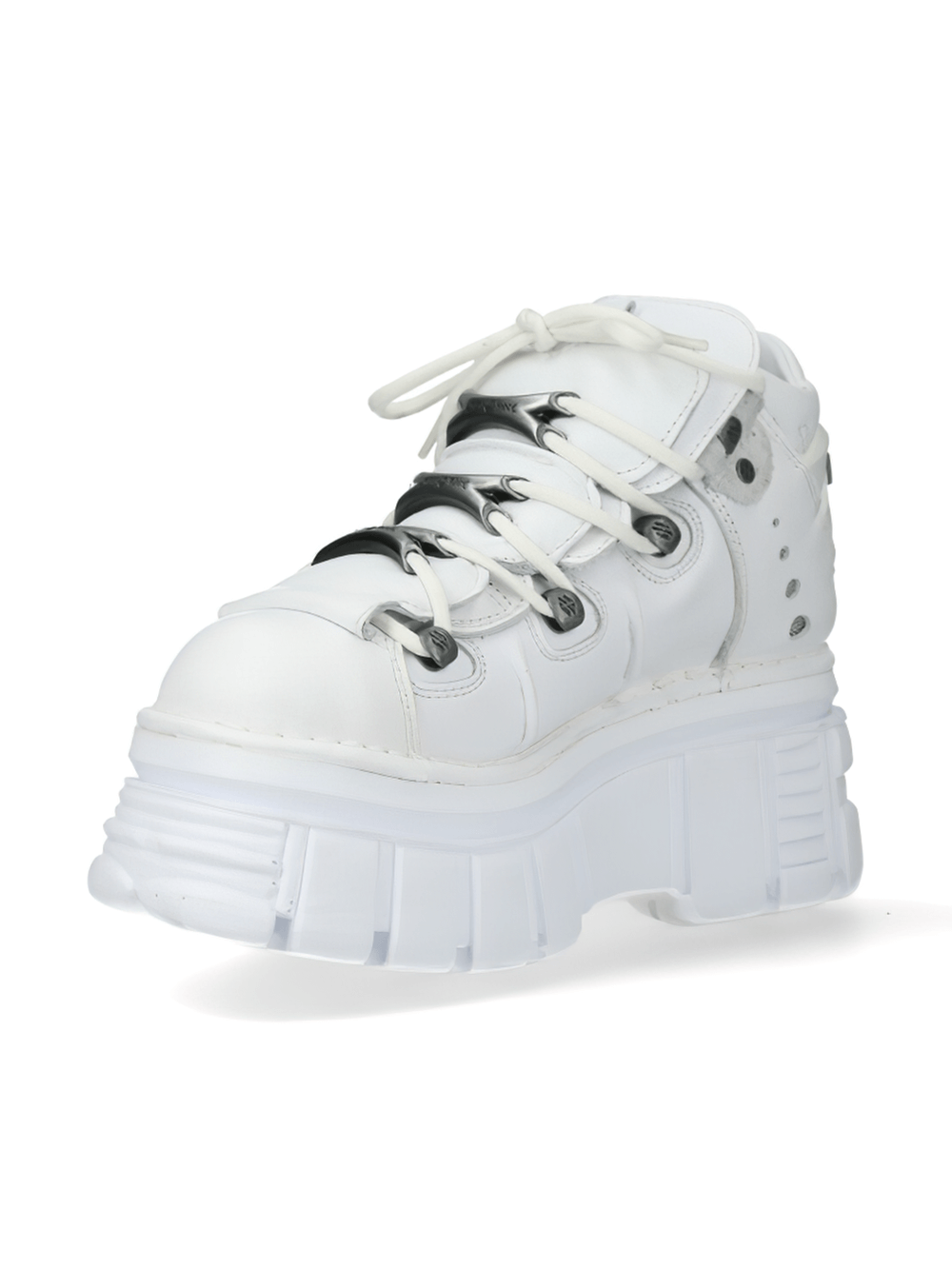 Men's white rocker style ankle boots with metal accents and chunky sole.