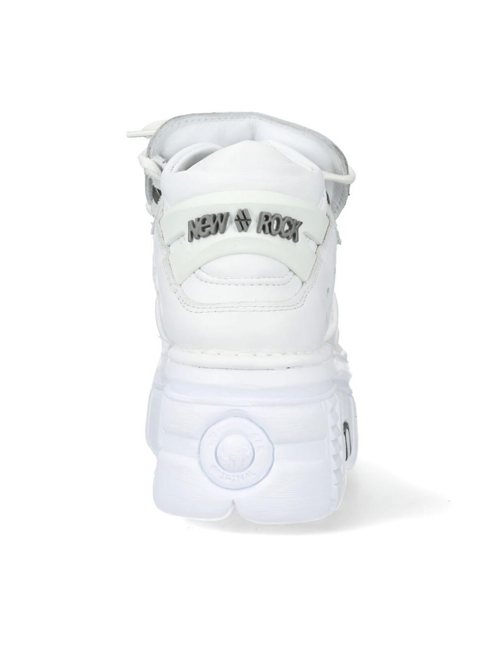 Back view of NEW ROCK men's white rocker style ankle boots with metal bones, showcasing the stylish design and robust sole.