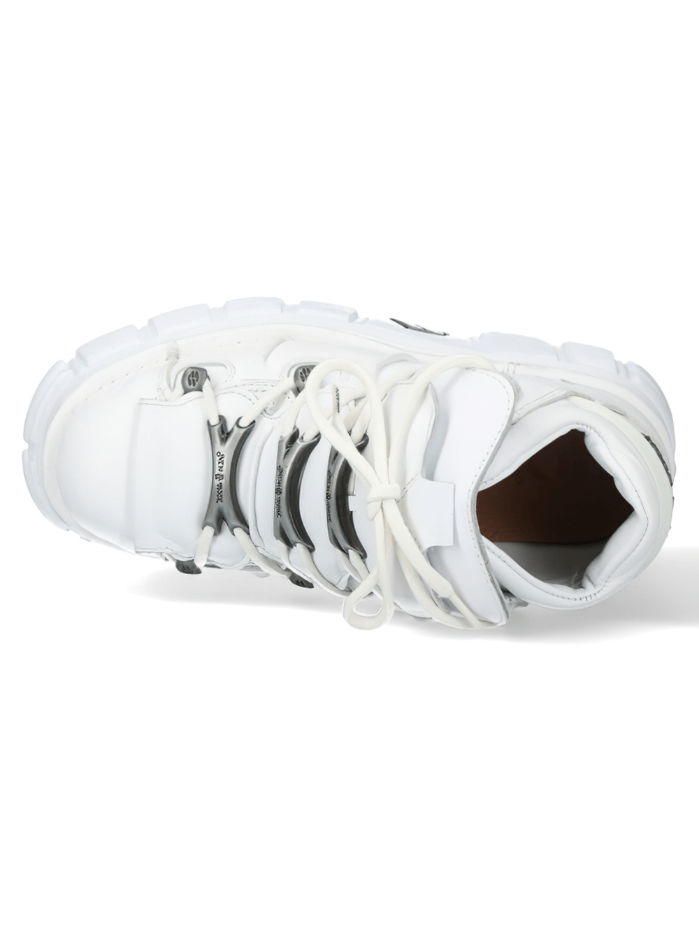 Top view of NEW ROCK Men's White Lace-Up Rock Ankle Boots showcasing metal bone details and stylish design.