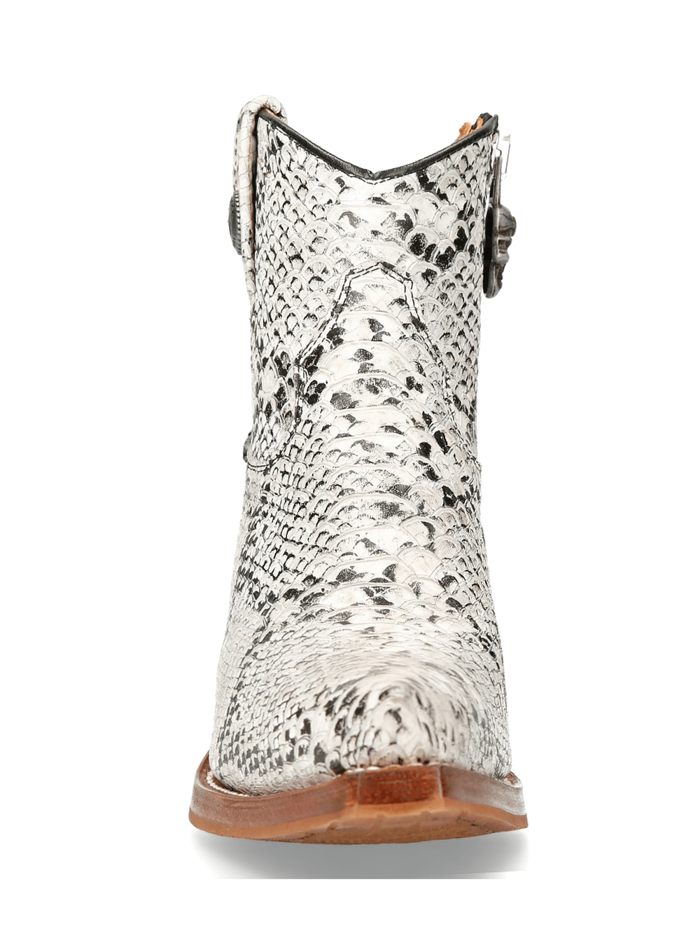 Stylish NEW ROCK white snake print ankle boots with zipper, showcasing a trendy and wild design from the Goodyear-Welt Collection.