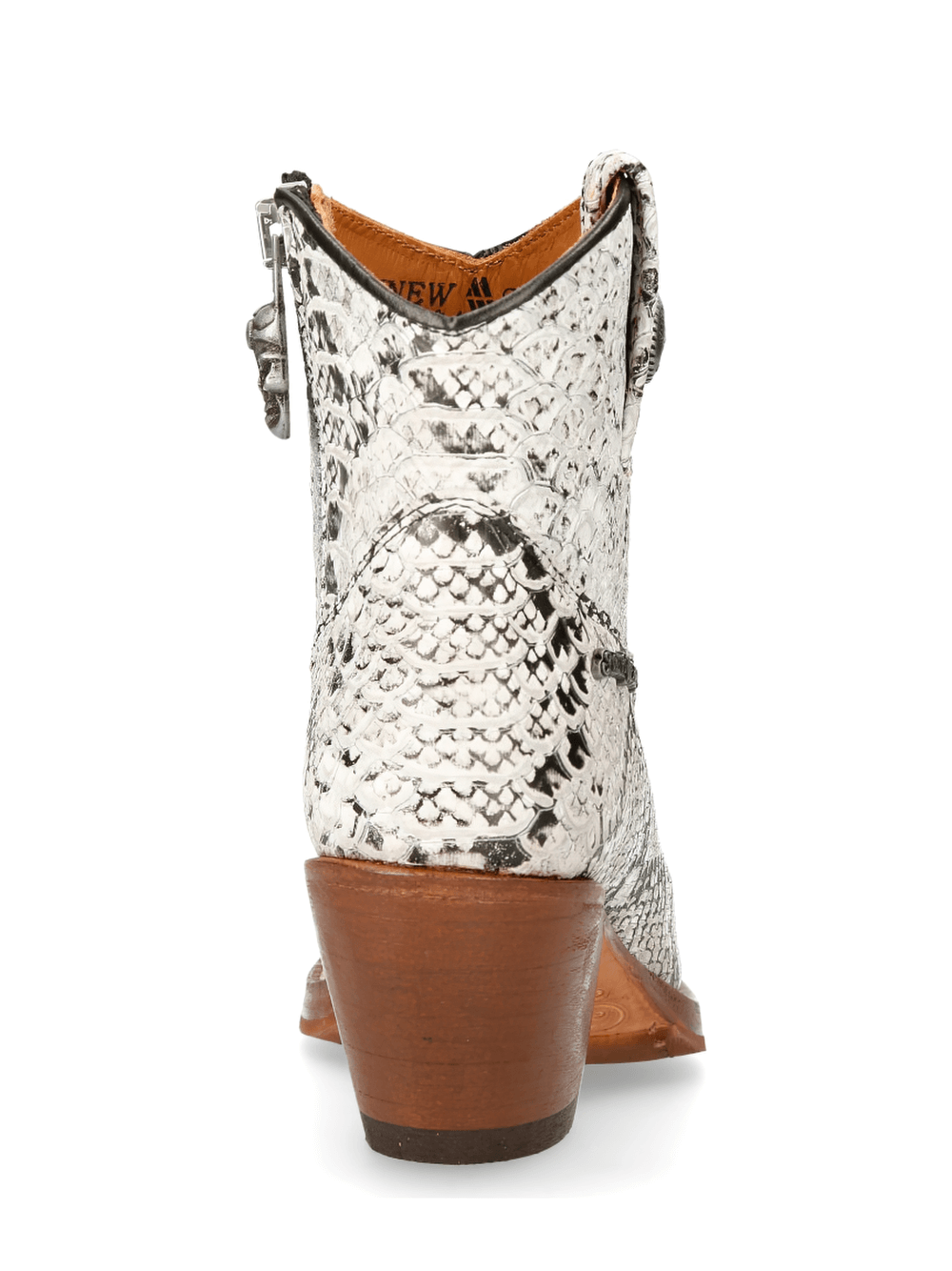 Back view of NEW ROCK white snake print ankle boots with a zipper and stylish wooden heel.