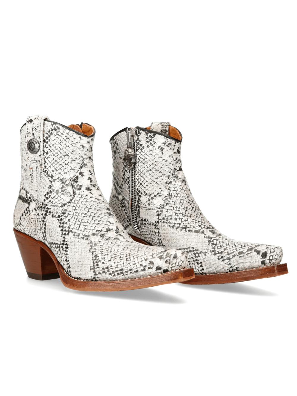 Trendy NEW ROCK white snake print ankle boots with zipper for stylish outfits.