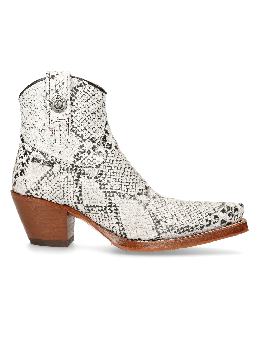 NEW ROCK White Snake Print Ankle Boots with Zipper, stylish and trendy booties in genuine leather.