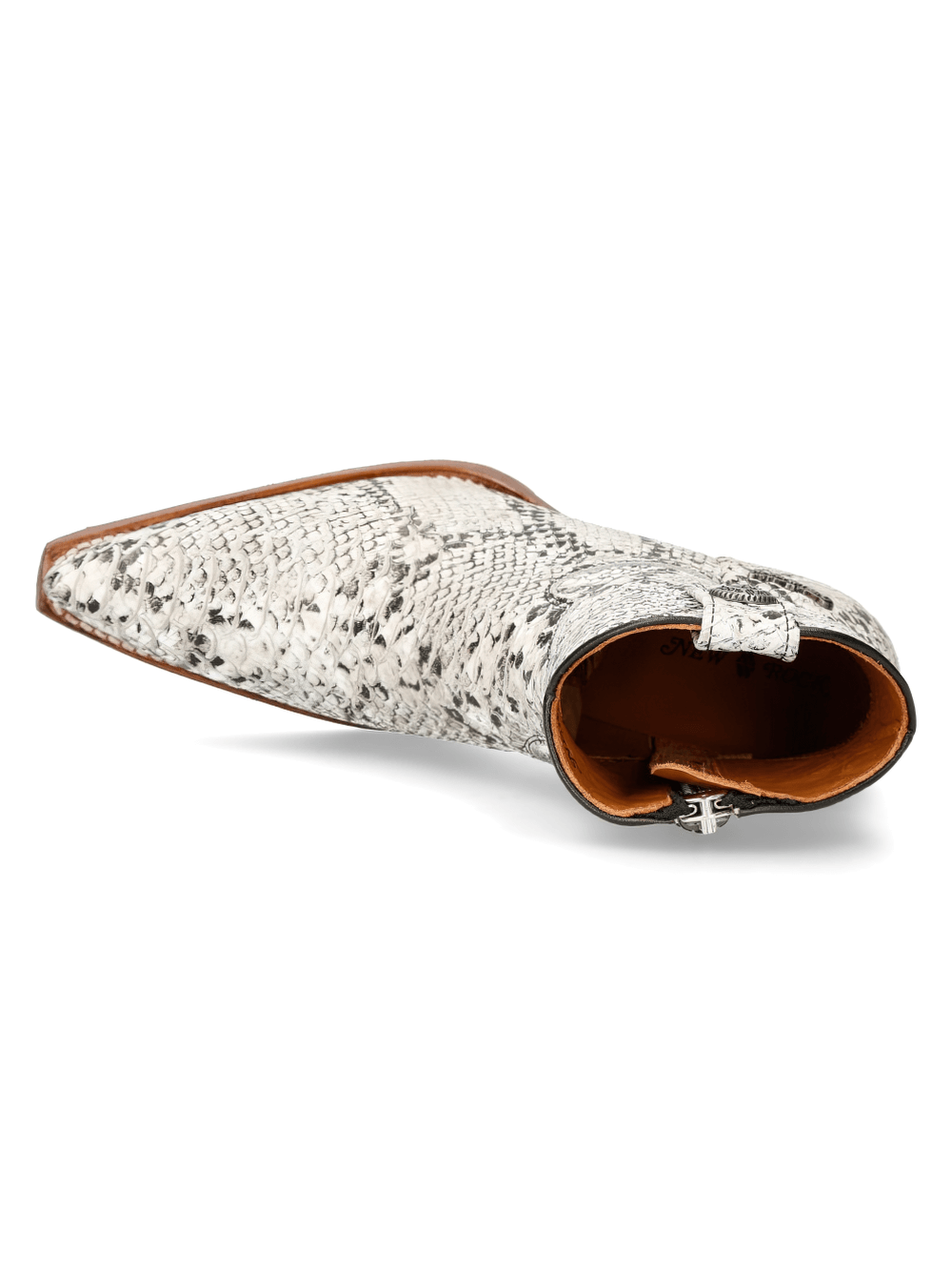 NEW ROCK White Snake Print Ankle Boots side view showcasing texture and zipper detail, perfect for trendy outfits.