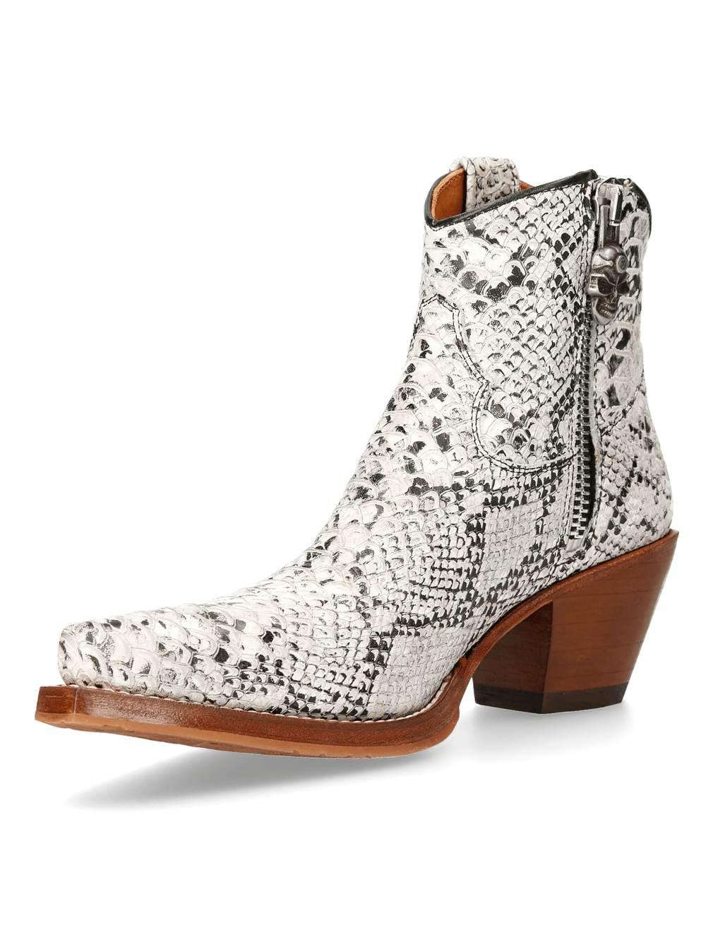 Stylish NEW ROCK white snake print ankle boots with zipper, featuring a 5cm heel and Goodyear welt sole.