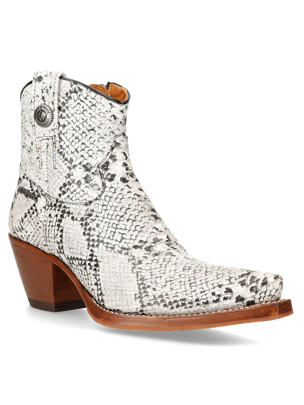 Trendy NEW ROCK white snake print ankle boot with zipper and wooden heel for stylish elevation.