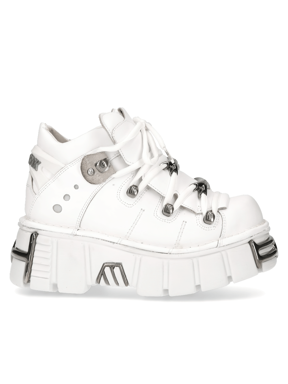 Gothic white ankle boots with metallic accents and platform heel, perfect for a rocker flair.