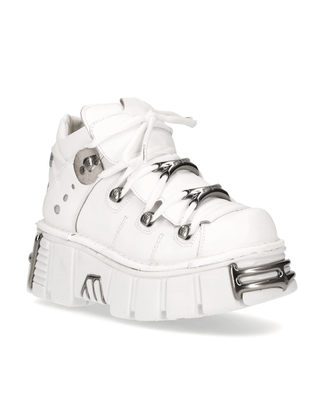 NEW ROCK Men's Gothic White Ankle Boots with metallic accents and platform heel for a rocker vibe.