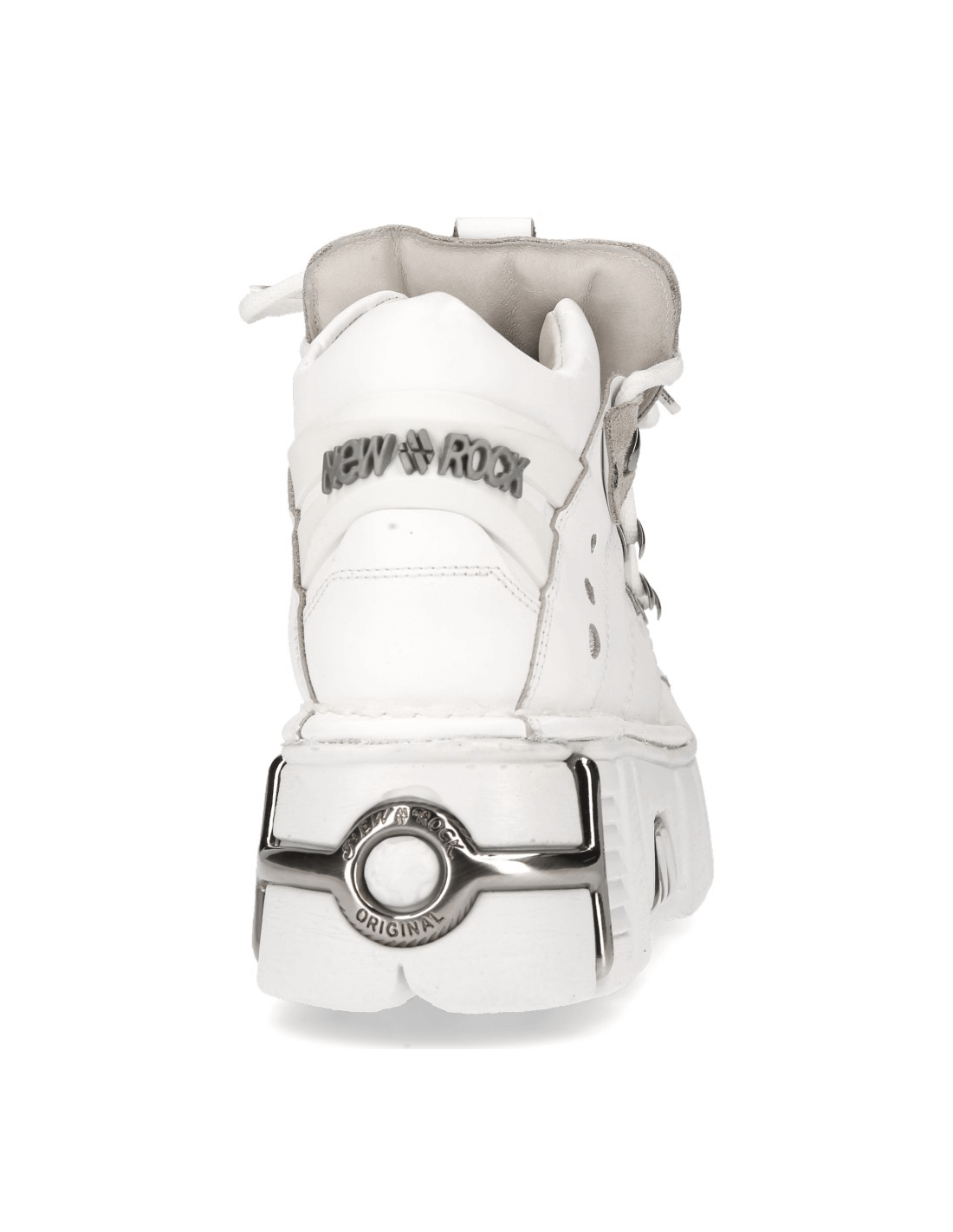 Back view of NEW ROCK Men's White Tower Ankle Boots showcasing metallic accents and platform heel.