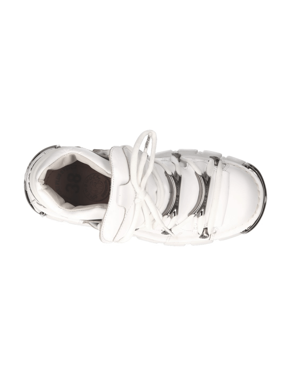 Top view of NEW ROCK Men's White Tower Ankle Boots with metallic accents and gothic flair.