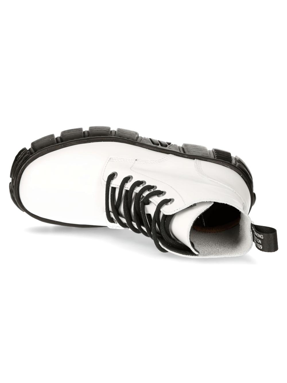 NEW ROCK white urban ankle boots showing black lace-up detailing and robust sole for rock-inspired fashion.