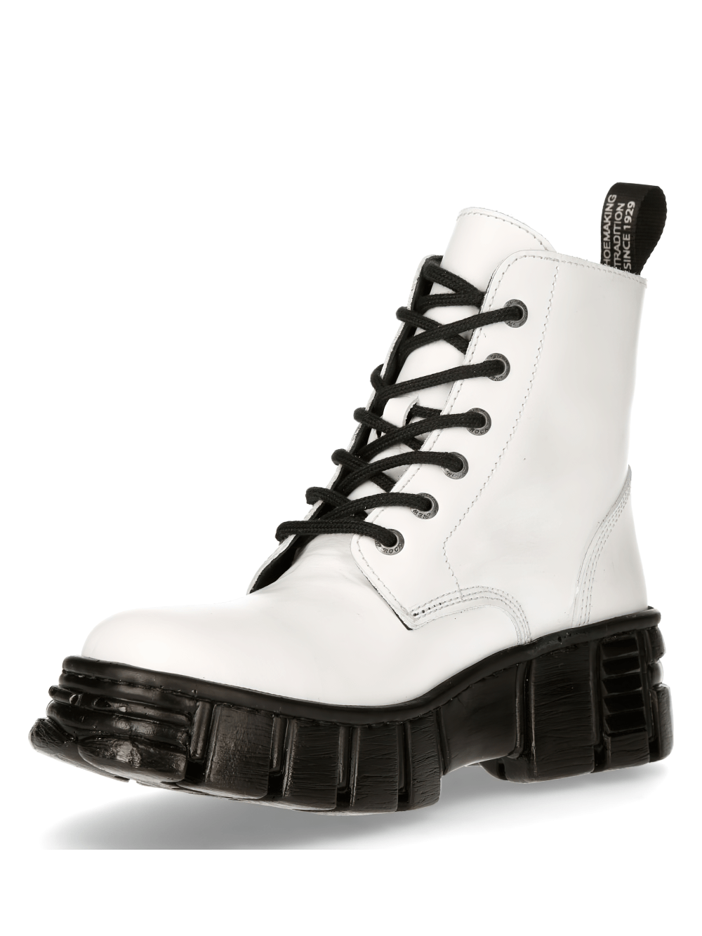 NEW ROCK white urban ankle boots with black lace-up and chunky sole for a stylish rock vibe.