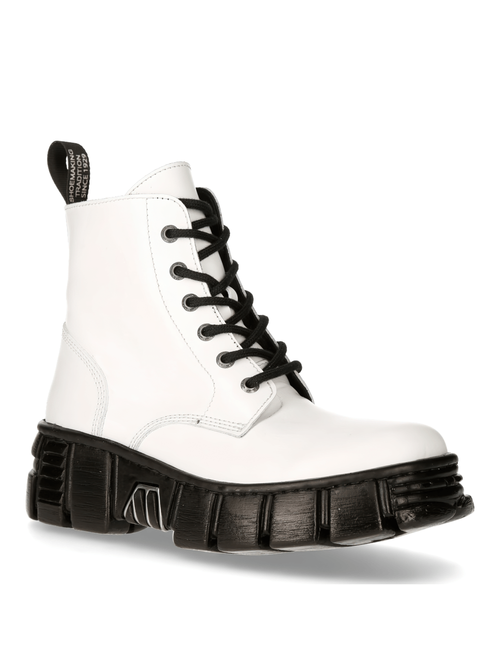 NEW ROCK white lace-up ankle boots with black sole, perfect for urban style and rock-inspired looks.