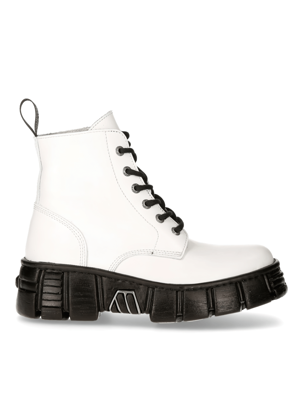 Stylish white lace-up ankle boots with black chunky sole, perfect for urban settings and bold fashion statements.