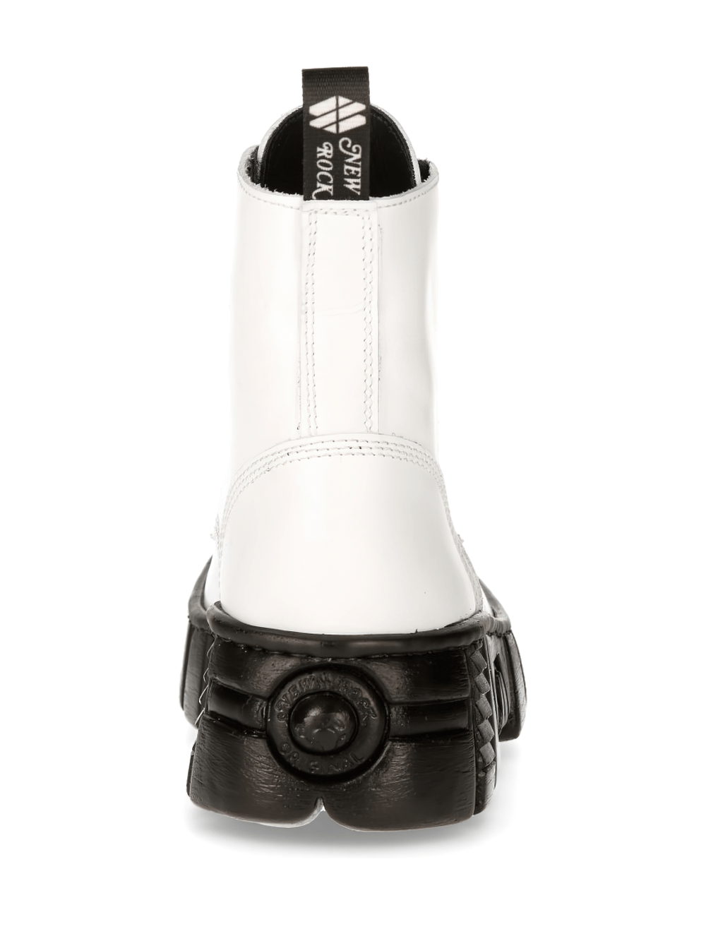 Back view of NEW ROCK white urban ankle boots showing black sole and lace-up design.