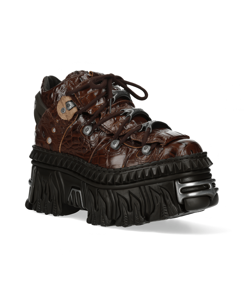 Unique brown croc-pattern chunky shoes with a thick black sole, perfect for edgy street style.