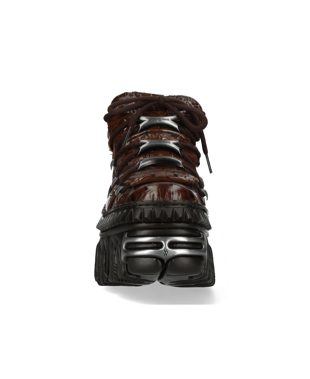 NEW ROCK men's extreme power rock boots in brown with edgy design and durable sole.
