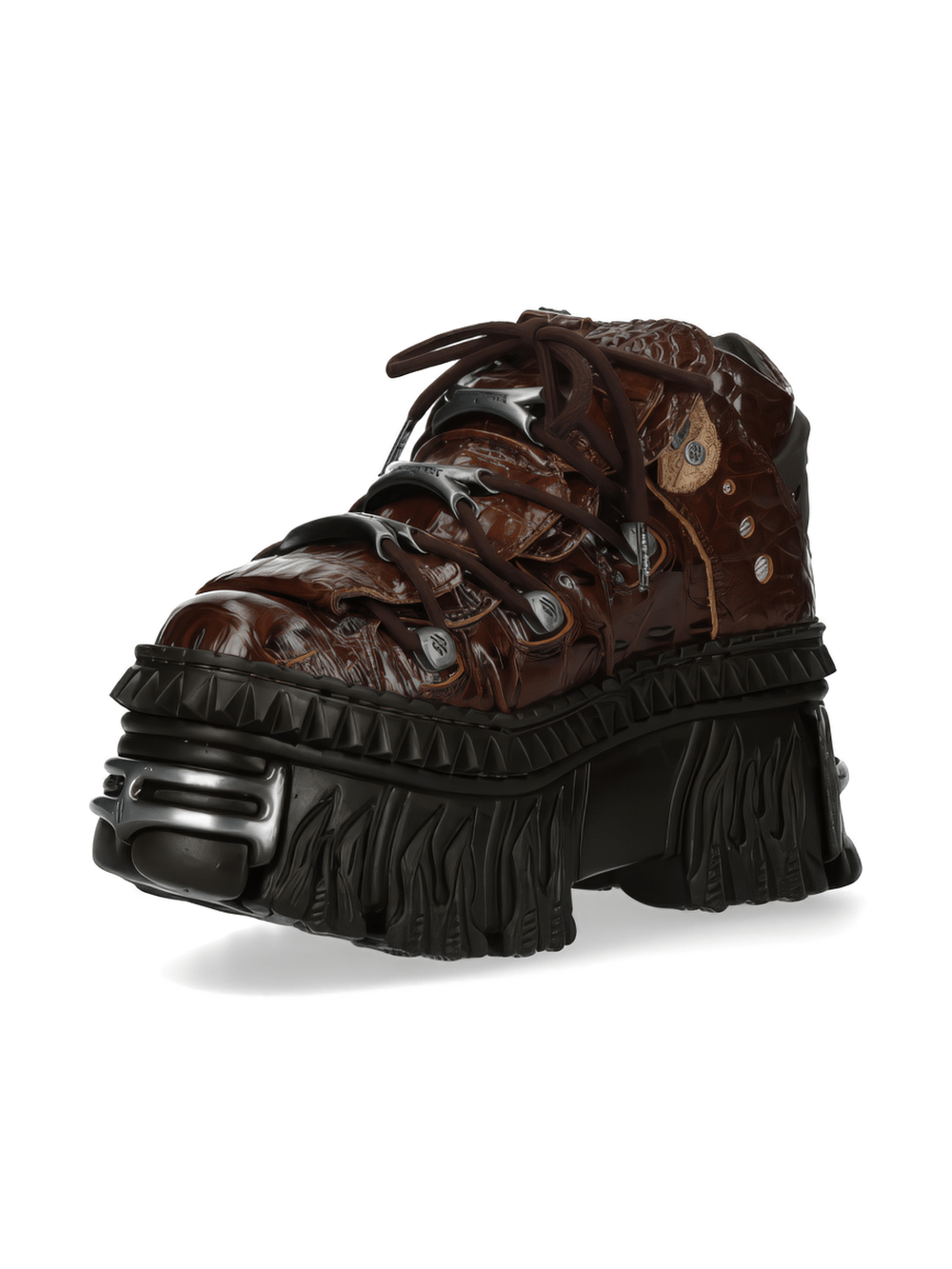 Fashion-forward brown platform sneakers with edgy texture and bold design for a striking look.