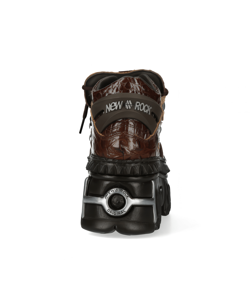 NEW ROCK men's brown leather ankle boots with edgy design, showcasing a unique back view and statement sole.