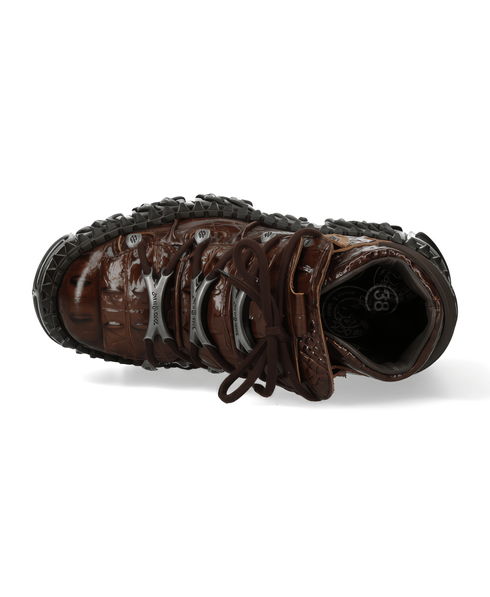 Top view of stylish brown sneaker with intricate lacing and rugged sole, perfect for fashion-forward individuals.
