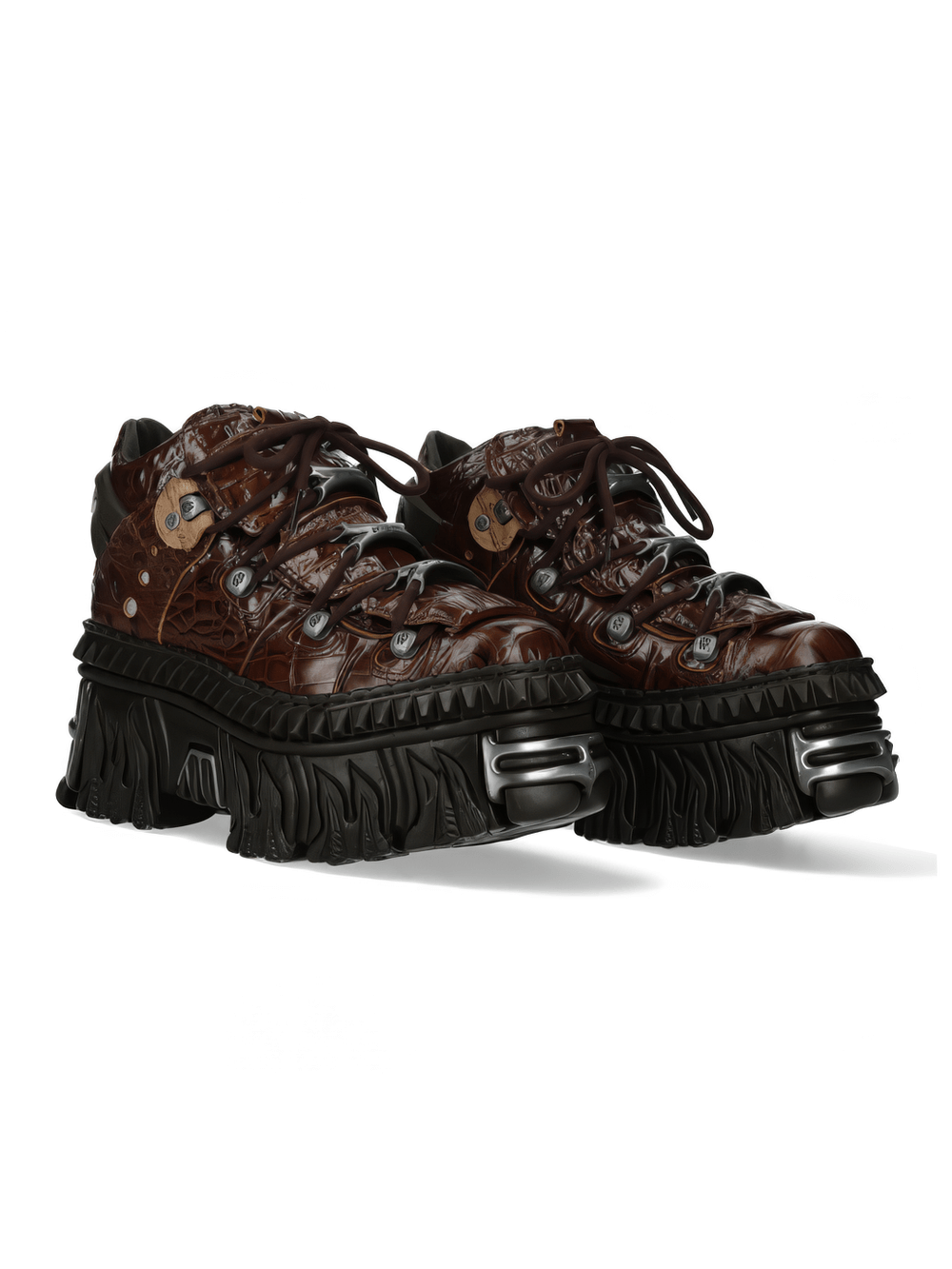 Fashion-forward brown leather chunky boots with bold black platform and lace-up design for a rock-inspired look.