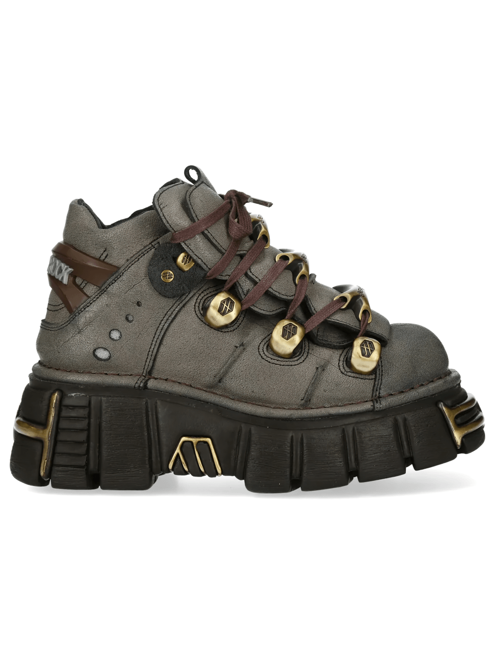 NEW ROCK Women's Ankle Boots With Bronze Hardware Details featuring chunky platform and antique gold hardware.