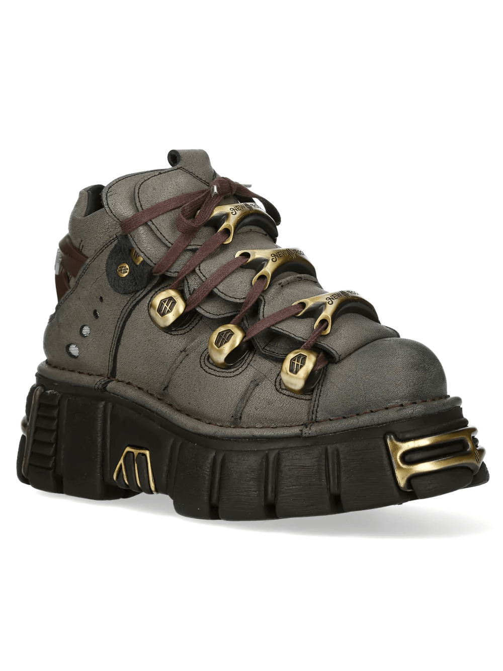 NEW ROCK Women's Ankle Boots With Bronze Hardware Details featuring chunky platform and antique gold hardware.