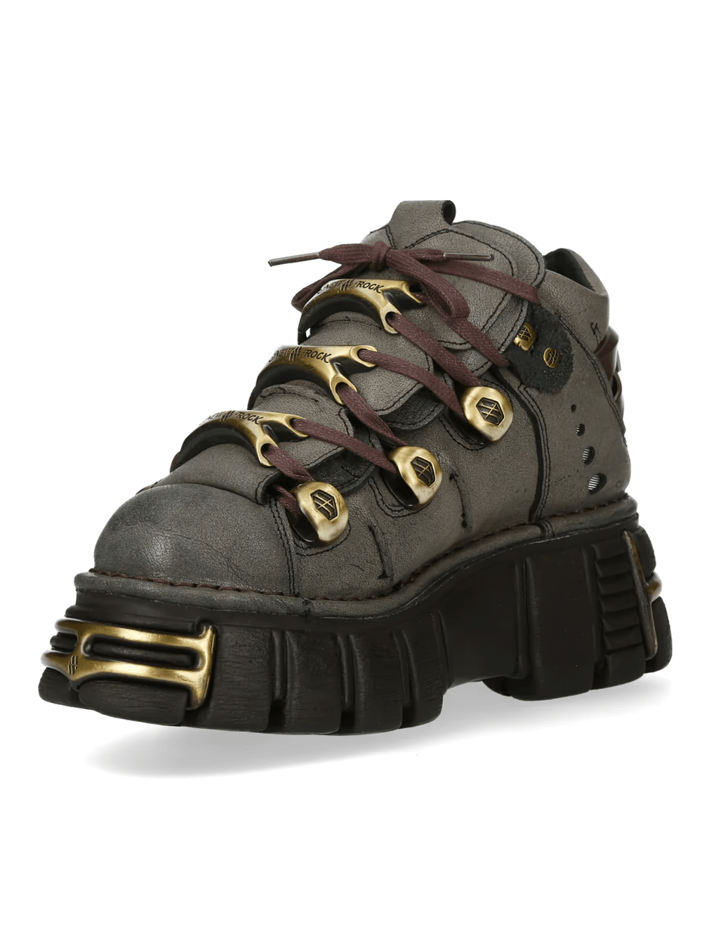 NEW ROCK Women's Ankle Boots With Bronze Hardware Details featuring chunky sole and antique gold accents.