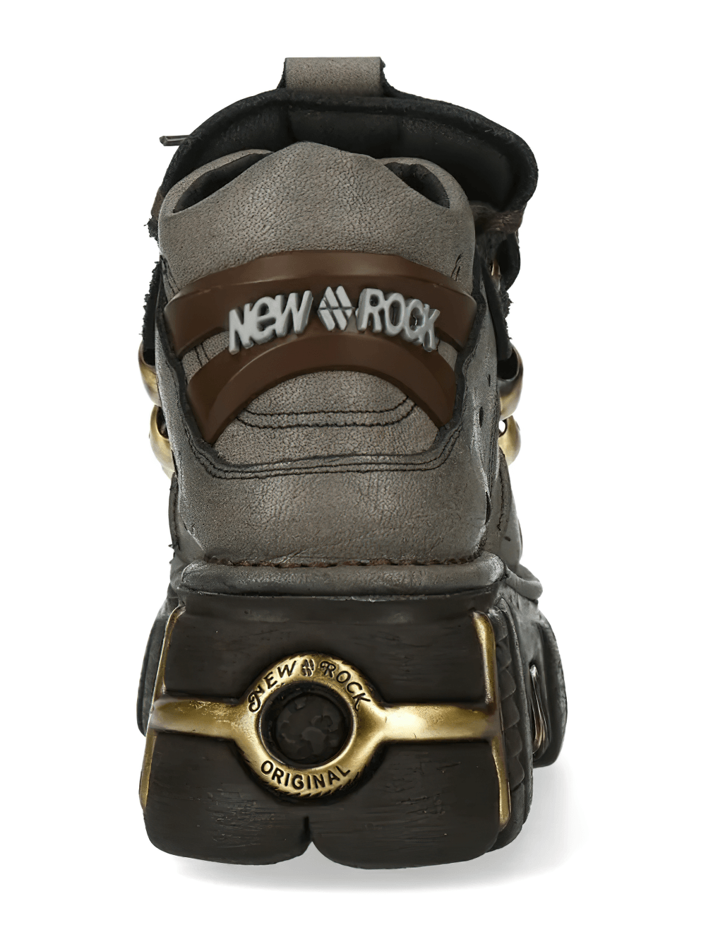 NEW ROCK Women's Ankle Boots With Bronze Hardware Details - back view showcasing vintage gold hardware and chunky platform.