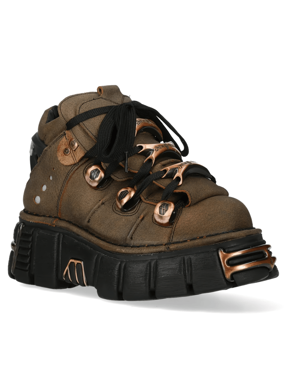 NEW ROCK Women's Ankle Boots With Copper Hardware Details showcasing chunky sole and antique copper lace plates