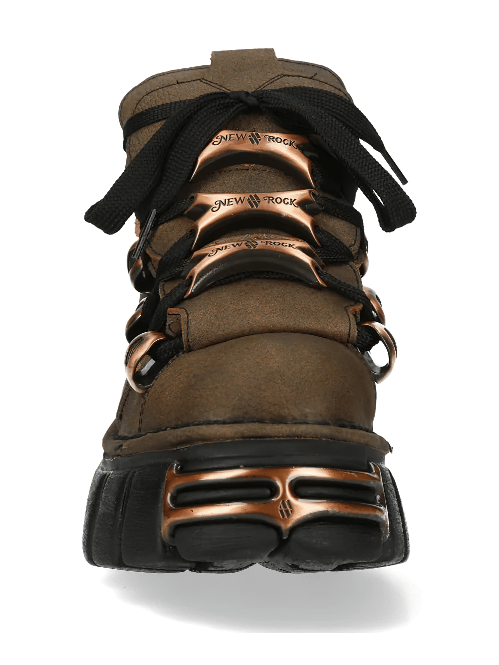 NEW ROCK Women's Ankle Boots With Copper Hardware Details featuring antique copper lace plates and chunky sole.