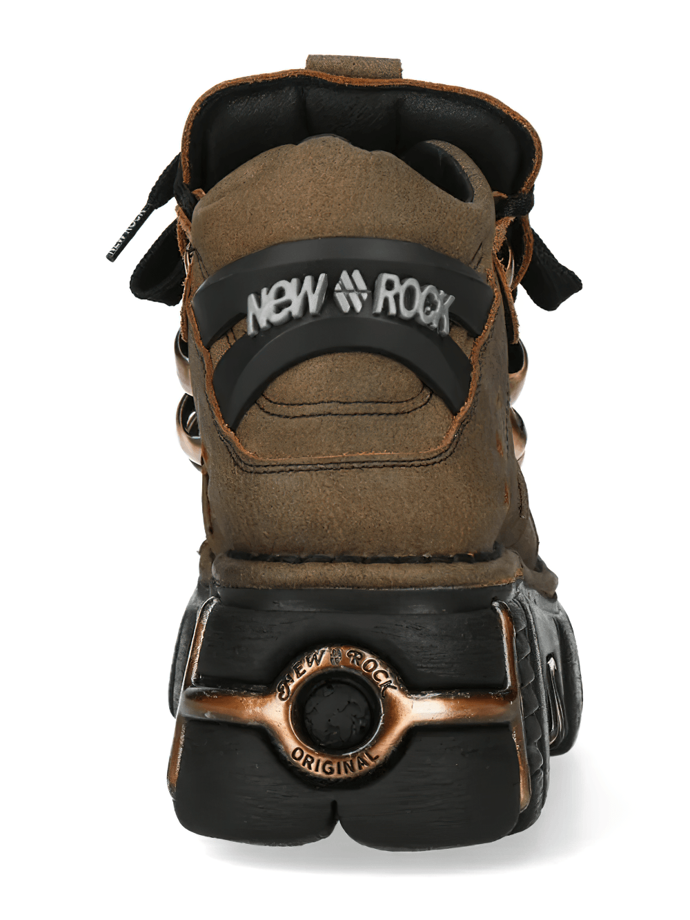 NEW ROCK Women's Ankle Boots With Copper Hardware Details - Back view showcasing chunky sole and brown design.