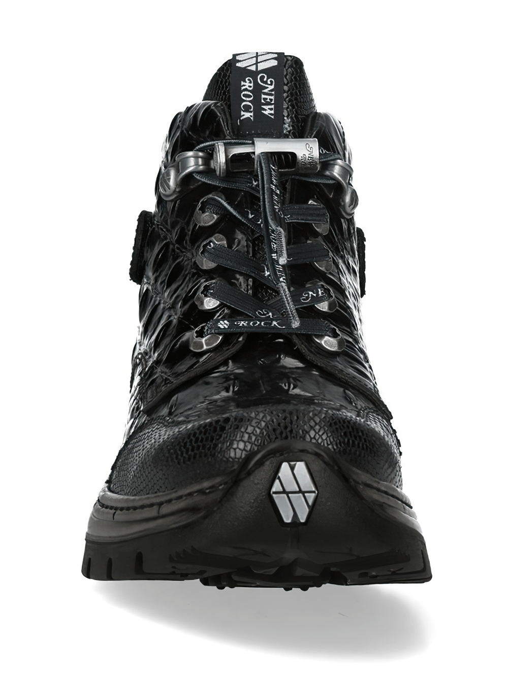 NEW ROCK Women's Ankle Boots with Crocodile Embossed Panels featuring rugged metal accents and sleek black design.