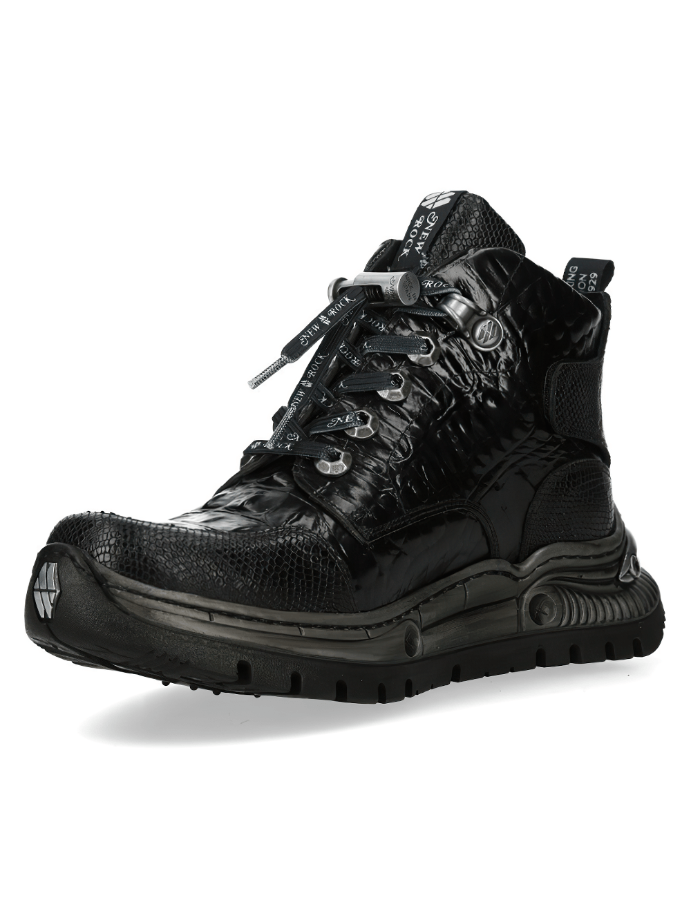NEW ROCK Women's Ankle Boots with Crocodile Embossed Panels featuring rugged metallic hardware and bold black design.