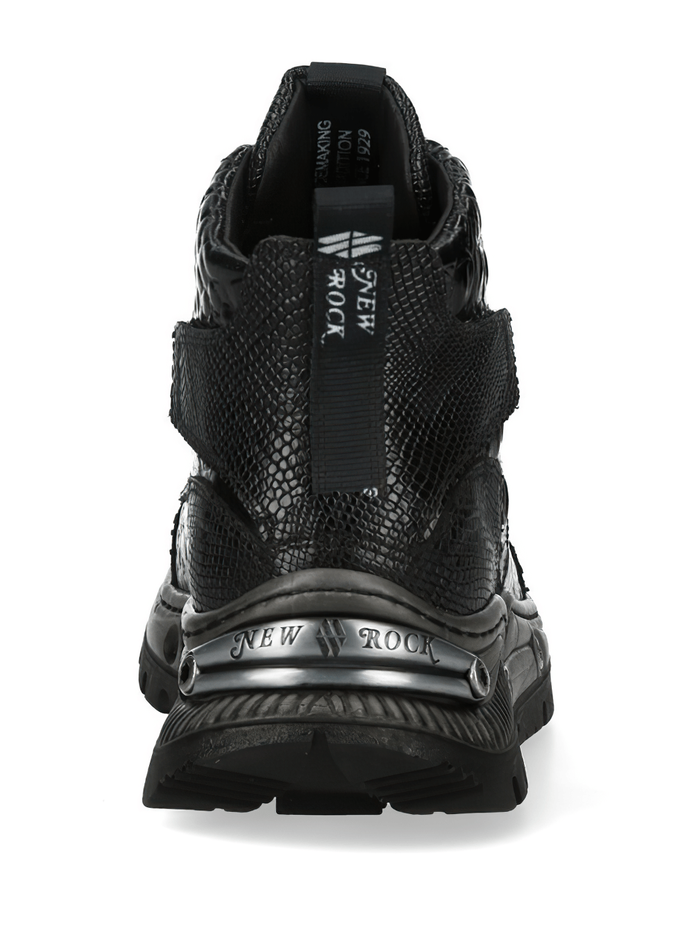 NEW ROCK Women's Ankle Boots with Crocodile Embossed Panels back view showcasing rugged metallic hardware.