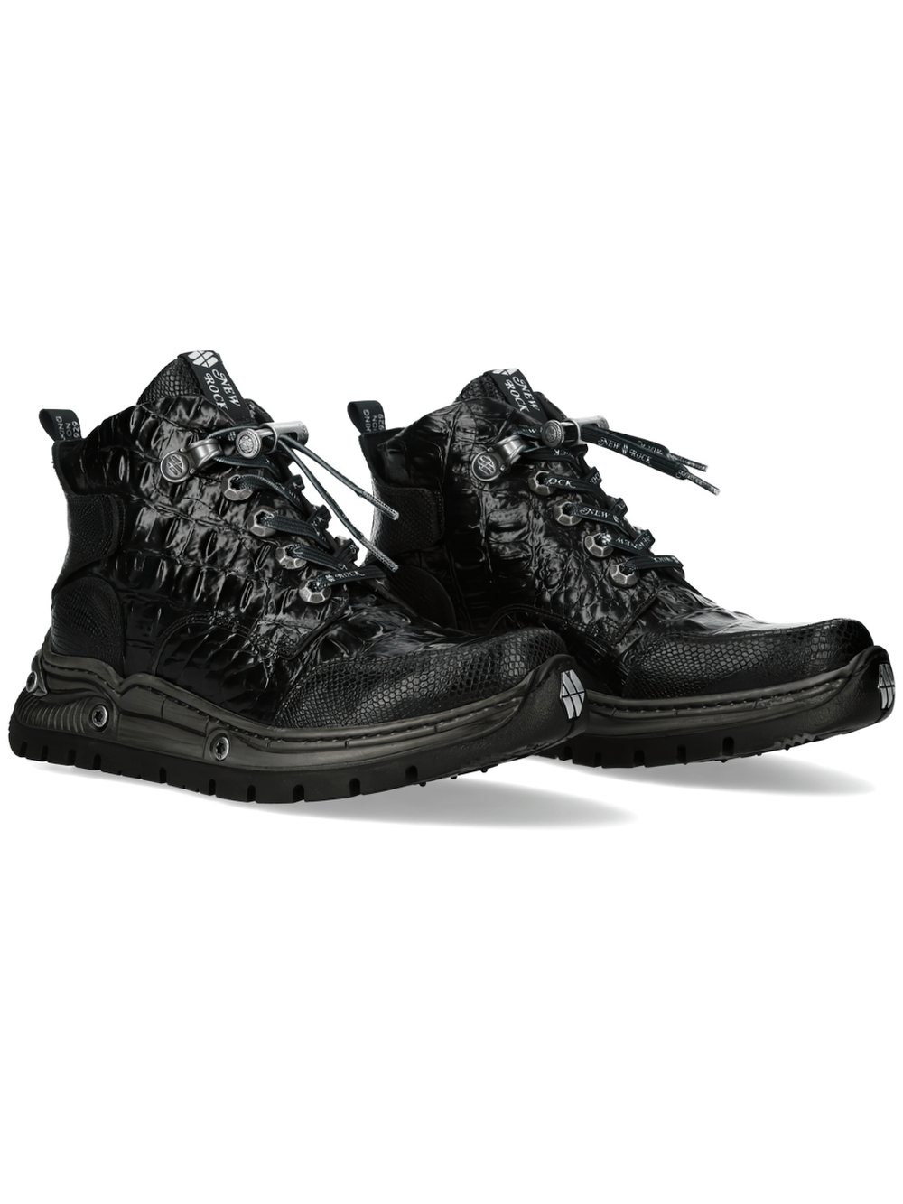 NEW ROCK Women's Ankle Boots with Crocodile Embossed Panels in black with rugged metallic accents and high-top design.