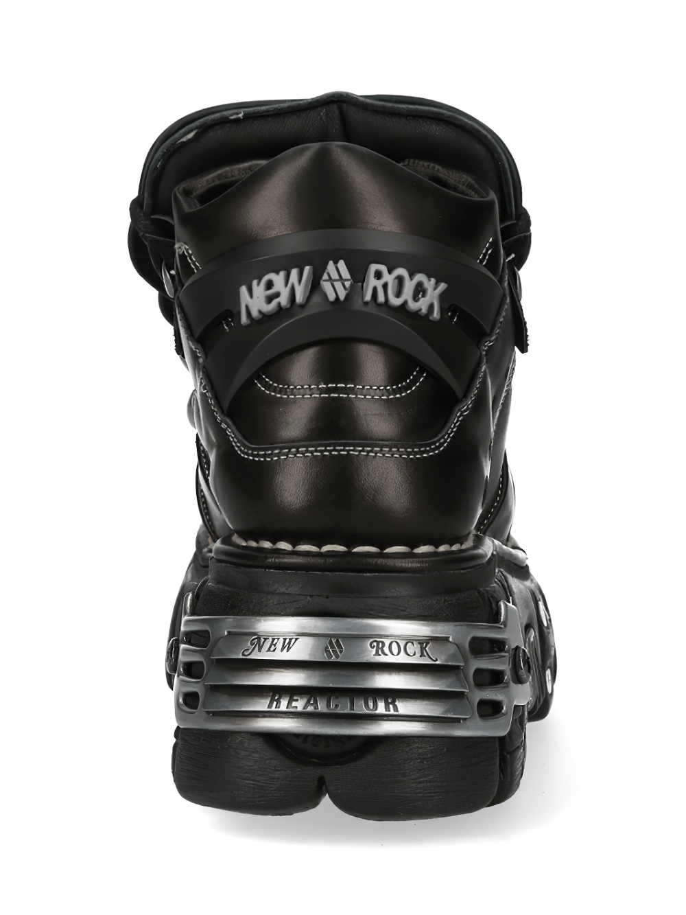 NEW ROCK Women's Ankle Boots with Heavy Platform Sole Trims featuring a striking back view with chunky sole and unique design.