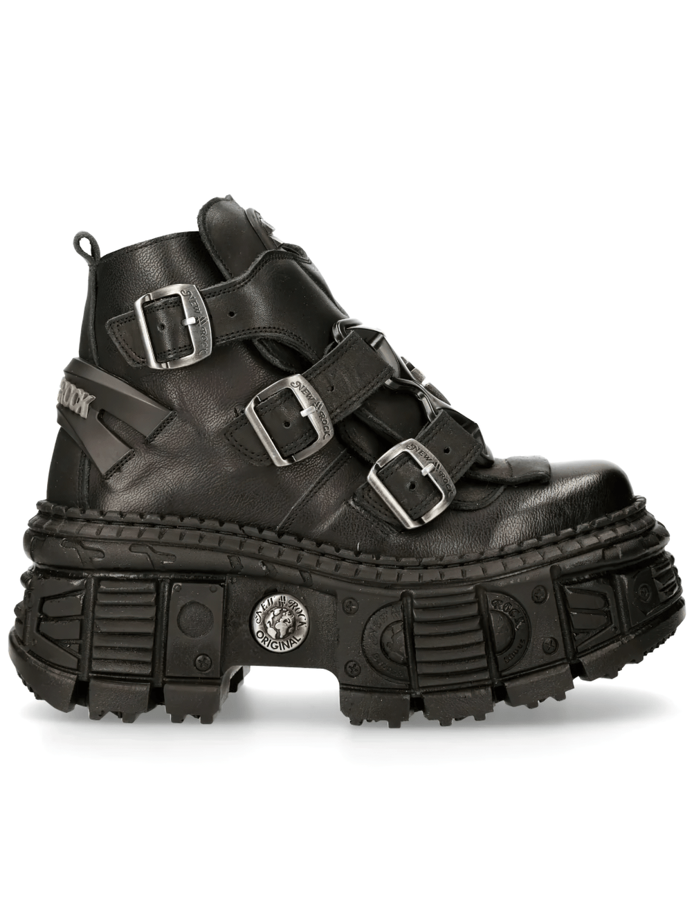 Alt Tag: NEW ROCK Women's Ankle Boots with Industrial Strap Trim black platform gothic boot with triple buckles and chunky tread sole