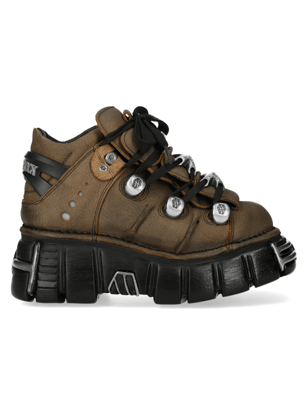 NEW ROCK Women's Ankle Boots with Metal Lace Plate Trim, tan chunky punk boots with black accents and industrial sole.