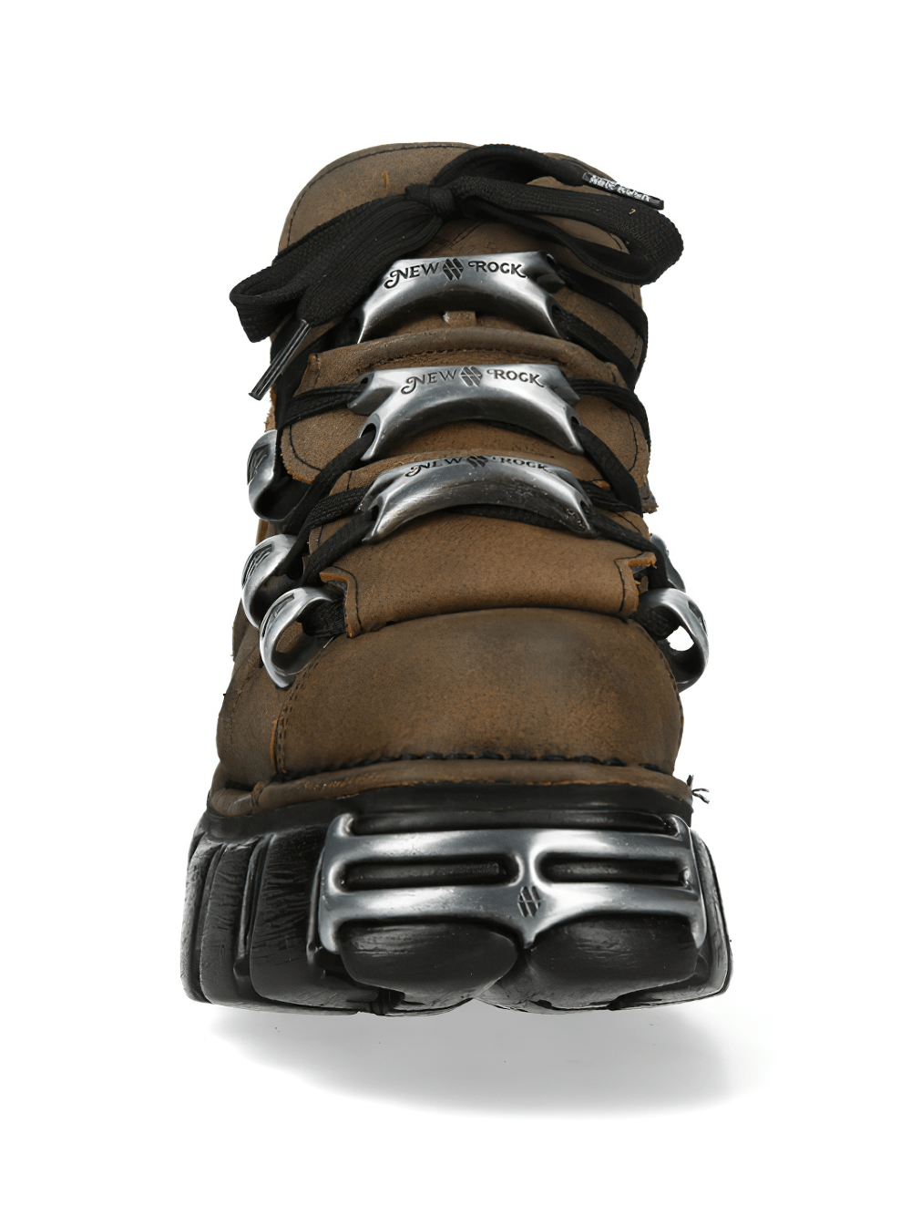 NEW ROCK Women's Ankle Boots with Metal Lace Plate Trim, brown punk boots with metal lace plates and chunky sole.