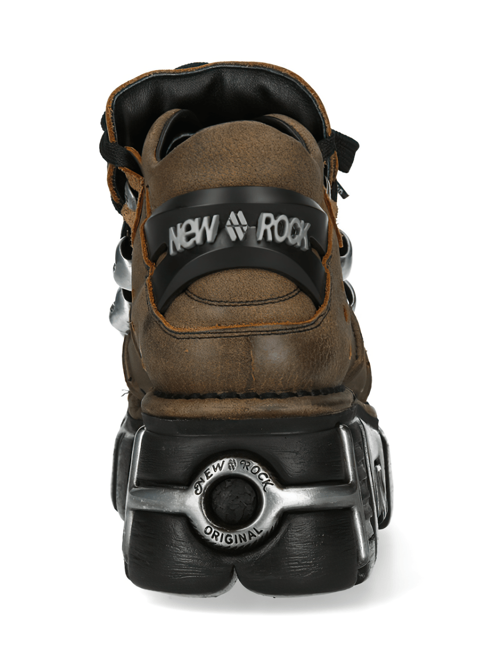 NEW ROCK Women's Ankle Boots with Metal Lace Plate Trim from the back showcasing chunky sole and unique style.