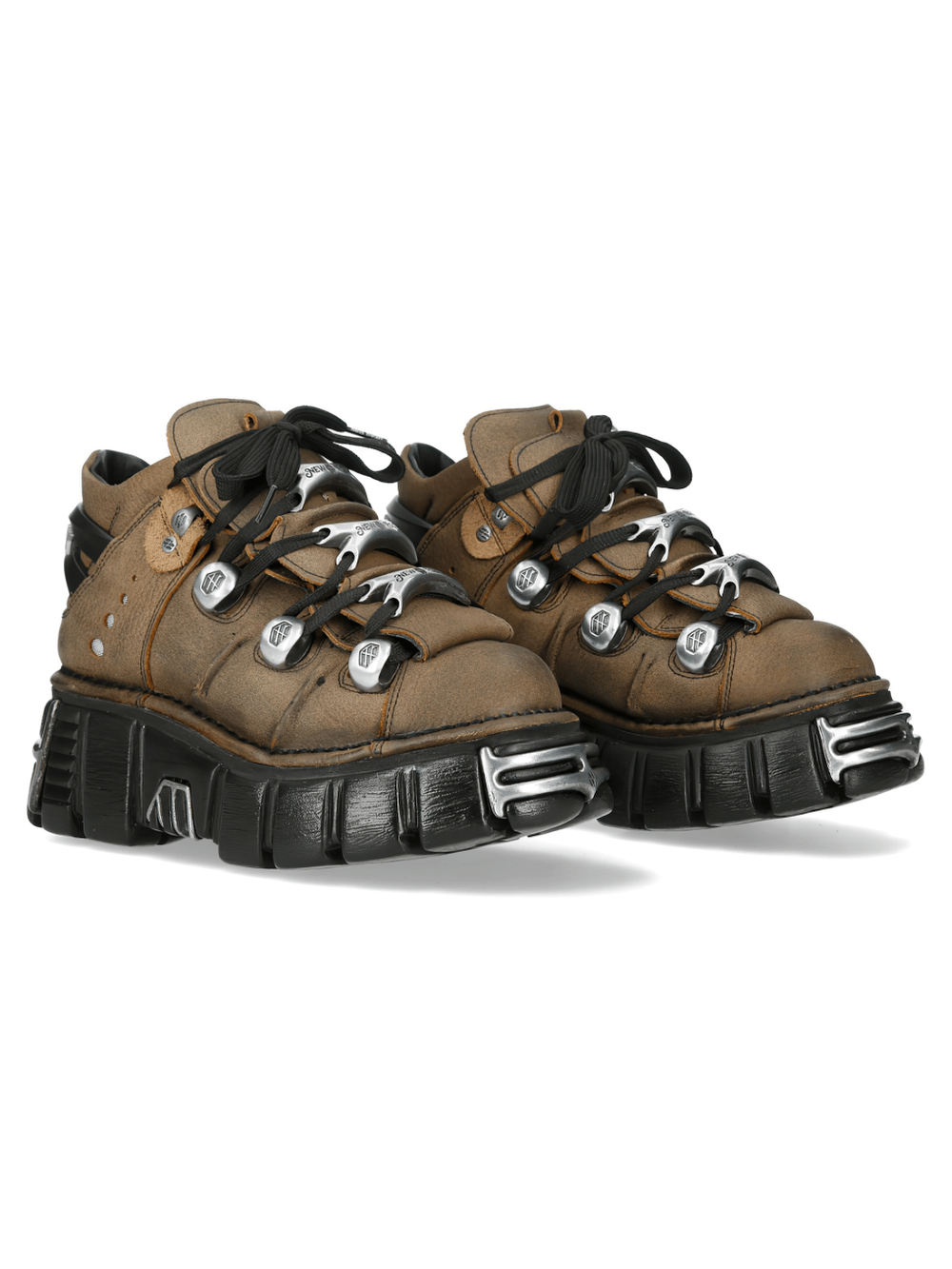 NEW ROCK Women's Ankle Boots with Metal Lace Plate Trim in earthy tan with chunky sole and metal accents.