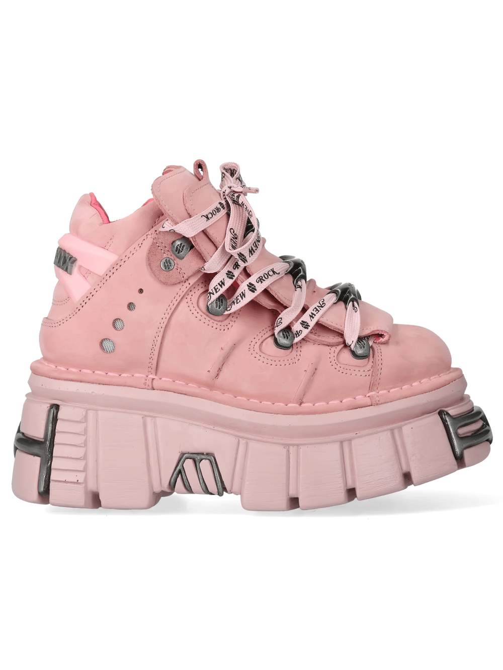 NEW ROCK Women's Ankle Boots With Metal Plates and Laces in bold pink with sculpted platform and lace detailing.