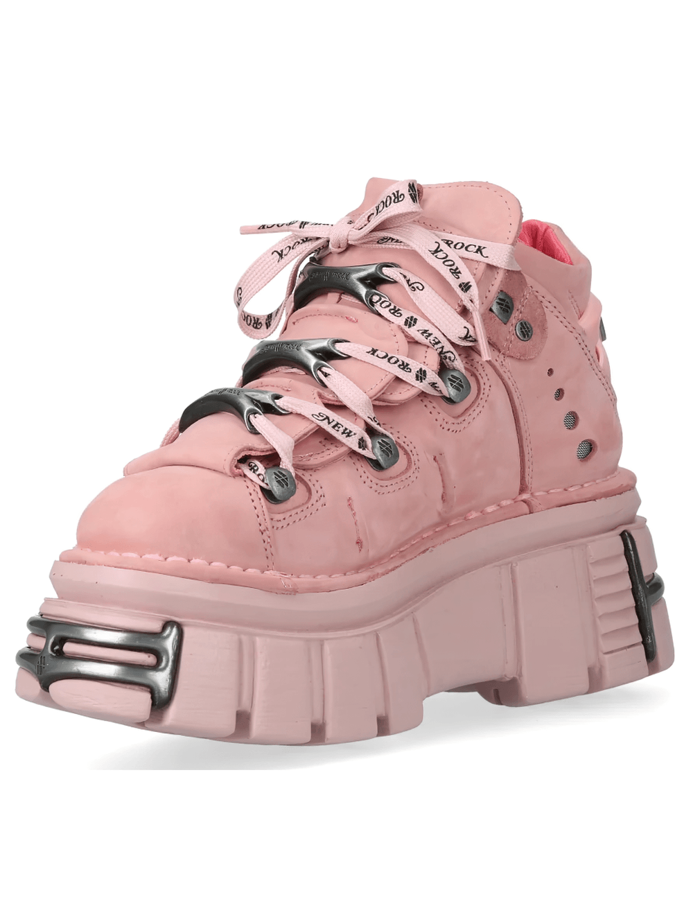 NEW ROCK Women's Ankle Boots With Metal Plates and Laces in pink with chunky platform and lace details.