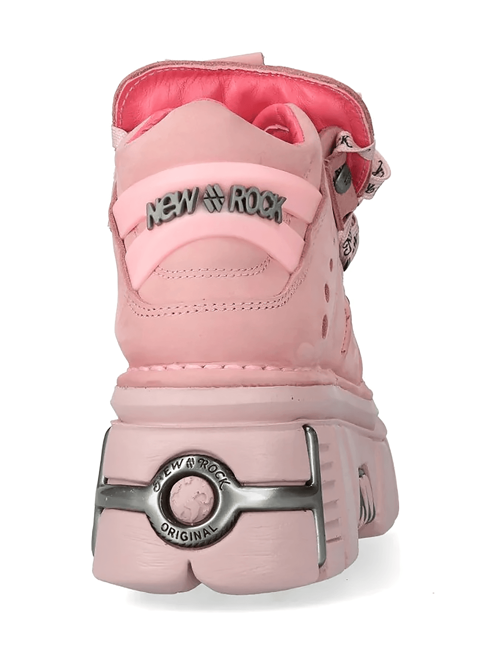 NEW ROCK Women's Ankle Boots With Metal Plates and Laces - pink back view showcasing chunky platform and lace details.